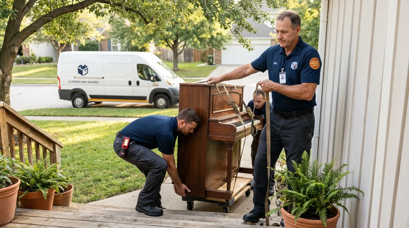 Licensed piano movers securing grand piano in Scottsville, NY