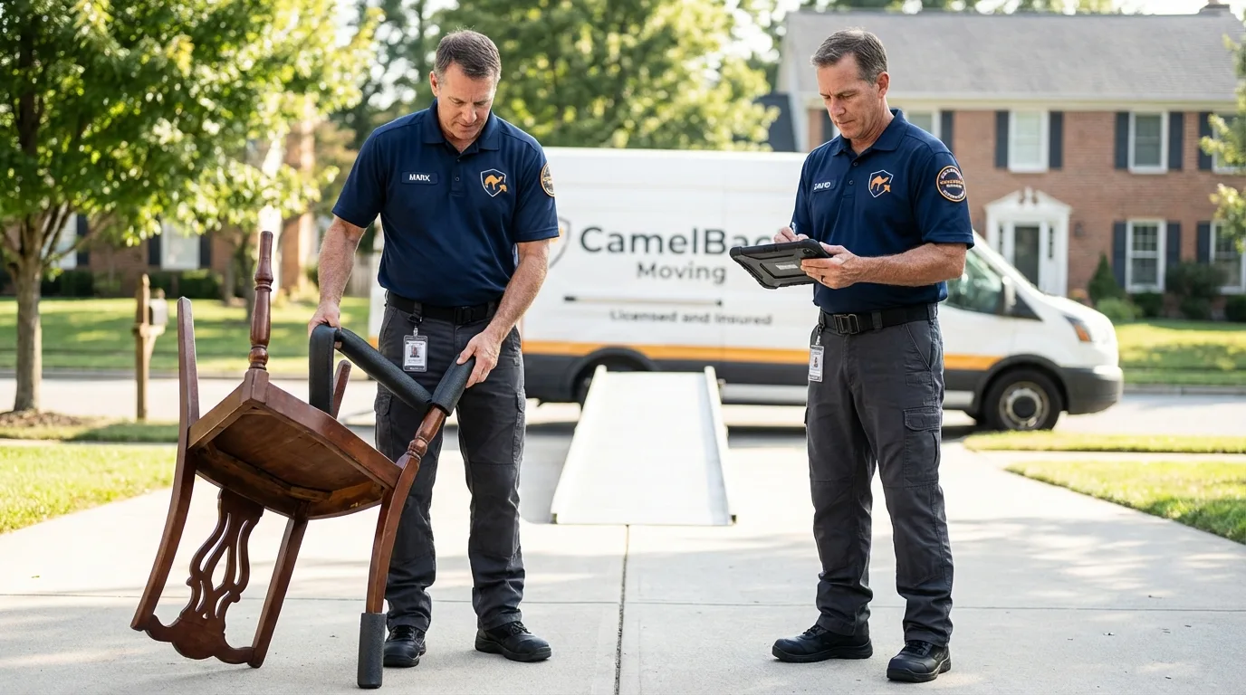 Movers inspecting furniture for damage prevention before loading in Scottsville, NY