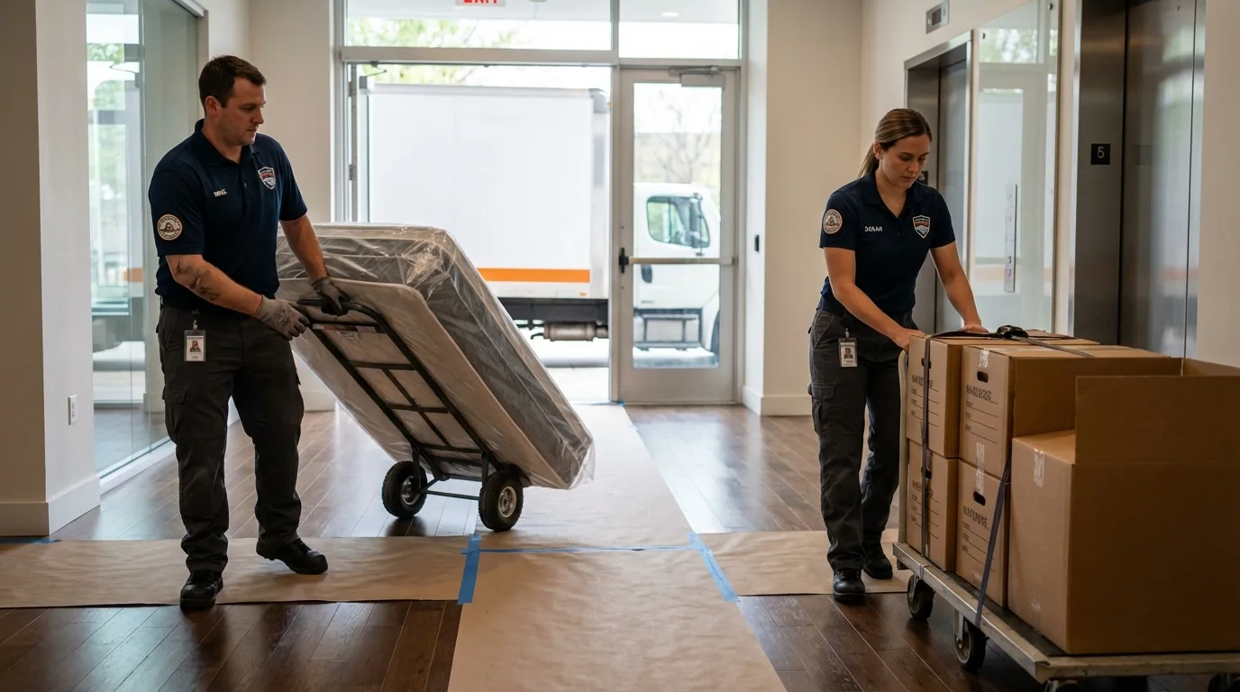 Professional apartment movers loading elevator in Scottsville, NY