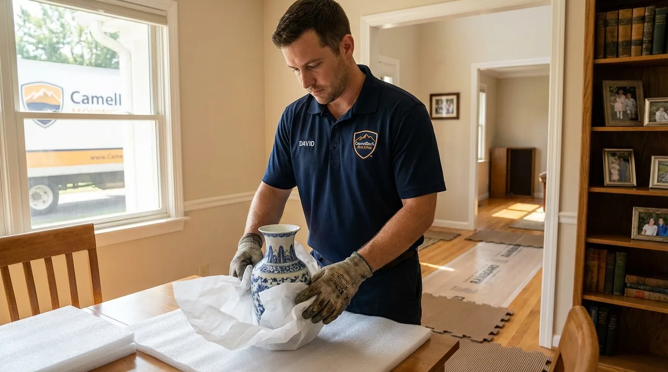 Professional crew carefully wrapping antique vase for senior downsizing move in Scottsville, NY