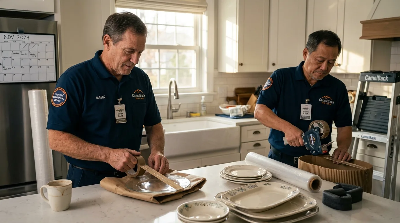 Professional crew packing kitchen dishware in Scottsville, NY